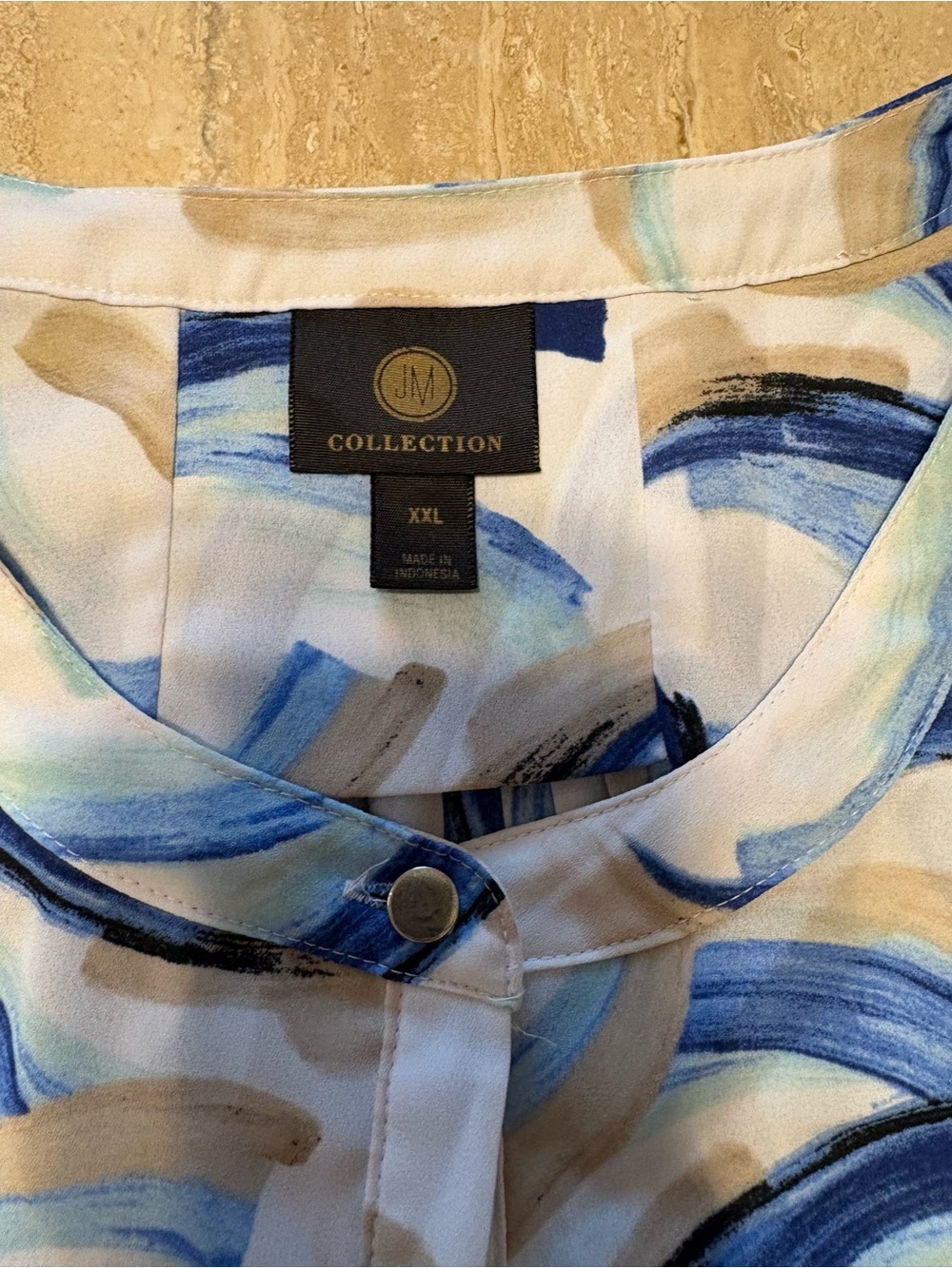 JM Collection Abstract Watercolor Swirl Blouse | XXL | Blue & Beige Top
